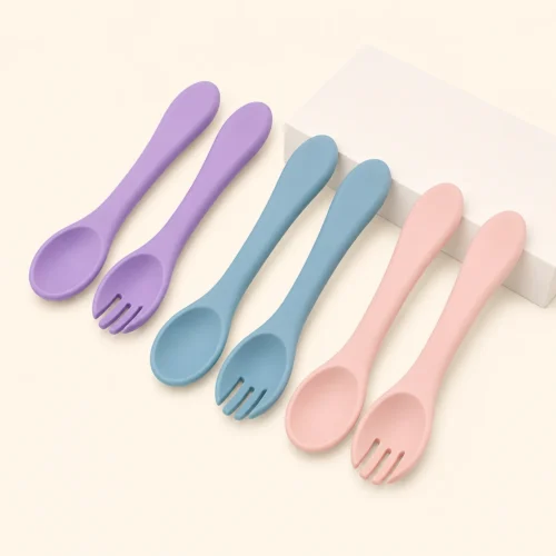 Silicone Baby Spoon & Fork Set in Purple, Blue and Pink