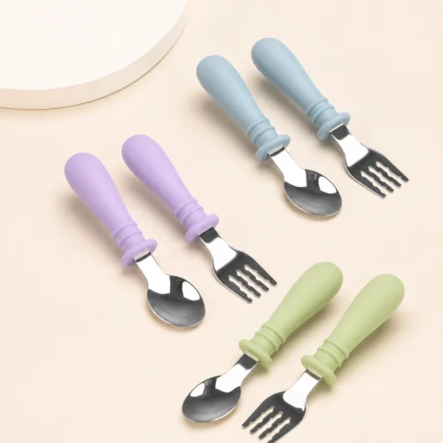 Stainless Steel Baby Spoon & Fork Set in Blue, Purple and Green