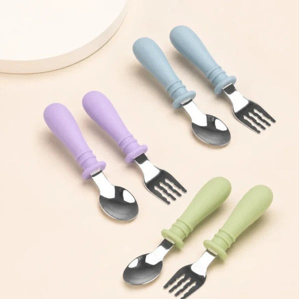 steel_spoon_fork_main Stainless Steel Baby Spoon & Fork Set in Blue, Purple and Green