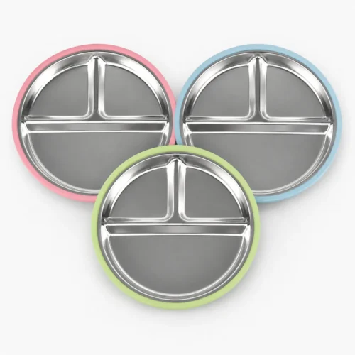 Stainless Steel Baby Divided Plate with Silicone Base - Pink Blue Green