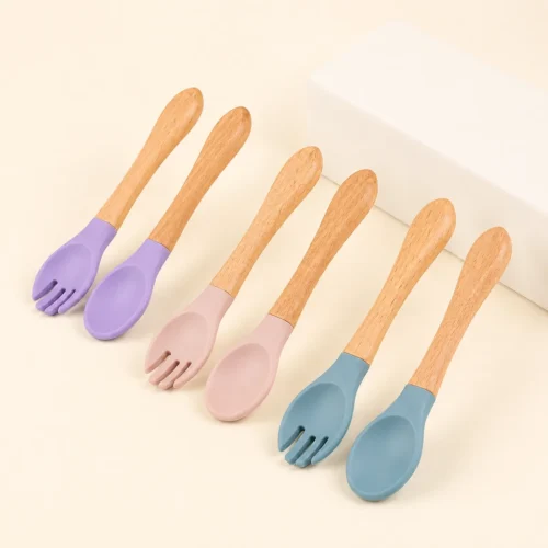 Wooden Handle Silicone Baby Spoon & Fork Set in Purple, Pink and Blue