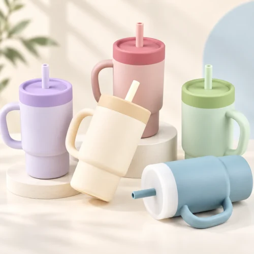 Beblora 250ml SS304 Stainless Steel Kids Straw Cup with Silicone Cover in Grayish Blue, Lilac Purple and Cinnamon
